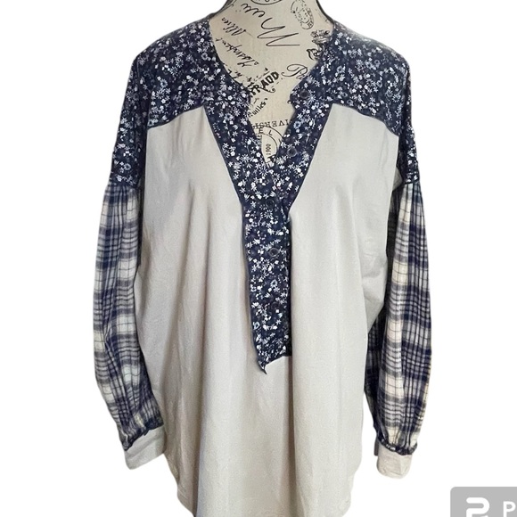 sunsetandshores Tops - New Off-white,  Navy Blue Mixed Print Half Button Pullover Top Plus Size 2X